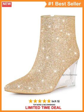 Perphy Glitter Sequin Pointed Toe Clear Heel Wedge Ankle Boots